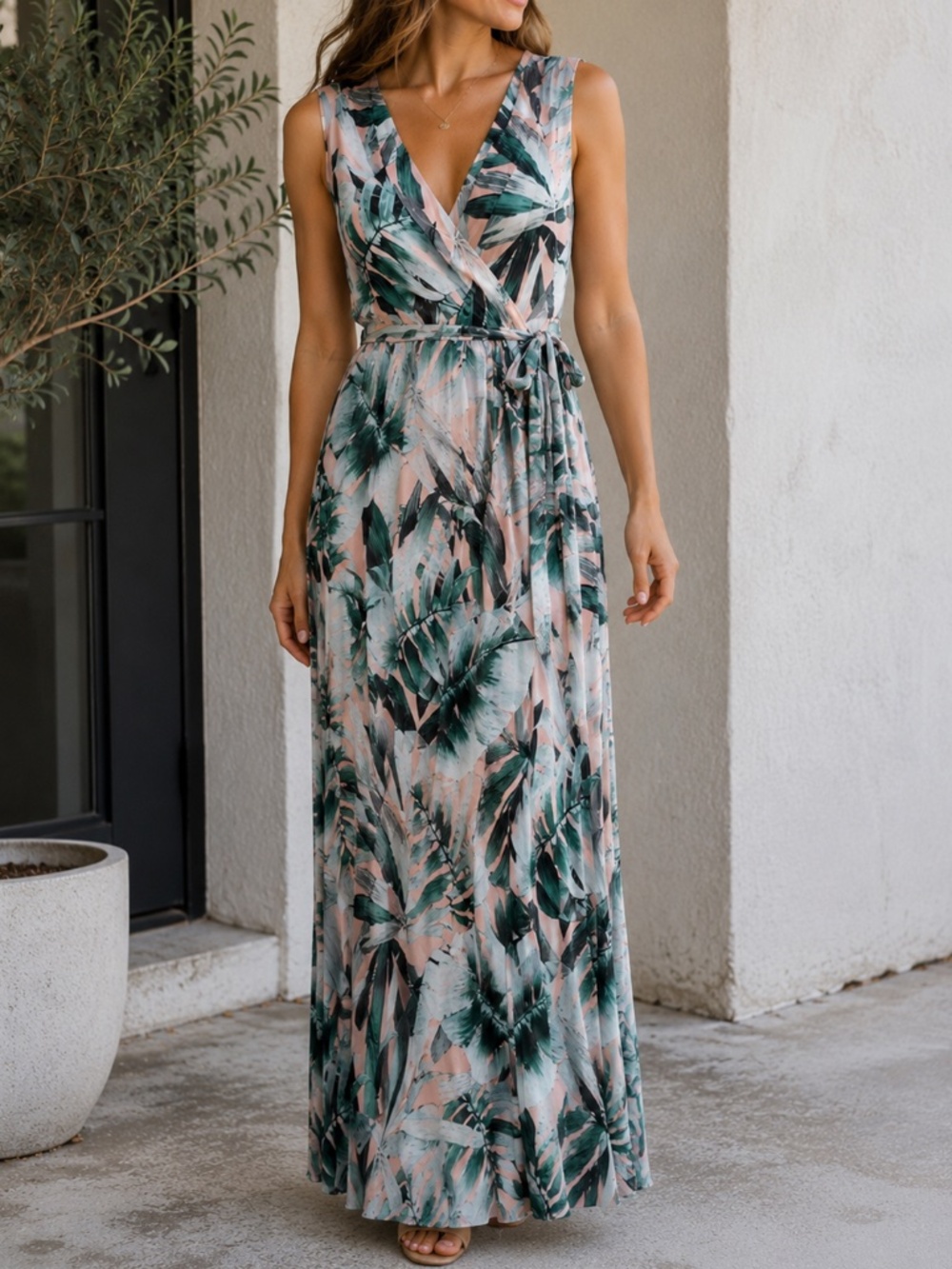 NWOT Kate & Lily Tropical Leaf Faux Wrap Maxi Dress Belted Size 6